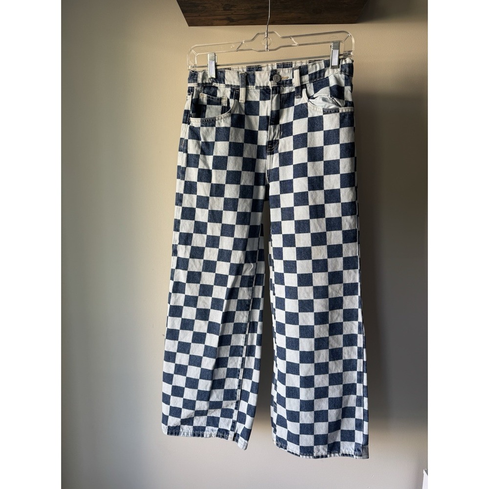 Old Navy Checkerboard Wide Leg Denim Jeans Skater Boho Blue White Kids Size 14